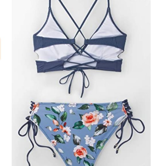 Floral Print Lace Up V Neck Two Piece Bathing Suit - Picture 3 of 5